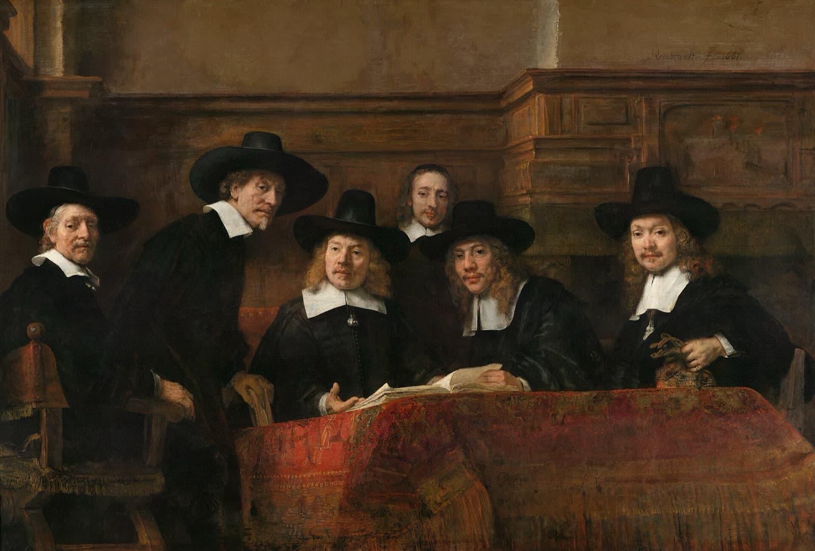 Six sober men in black hats at a table look up at the viewer, as if judging