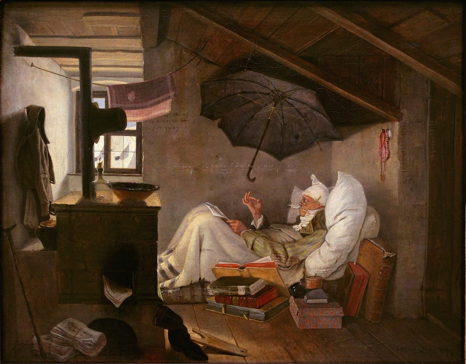A poet in bed in a cold attic with an umbrella hung under the leaking roof