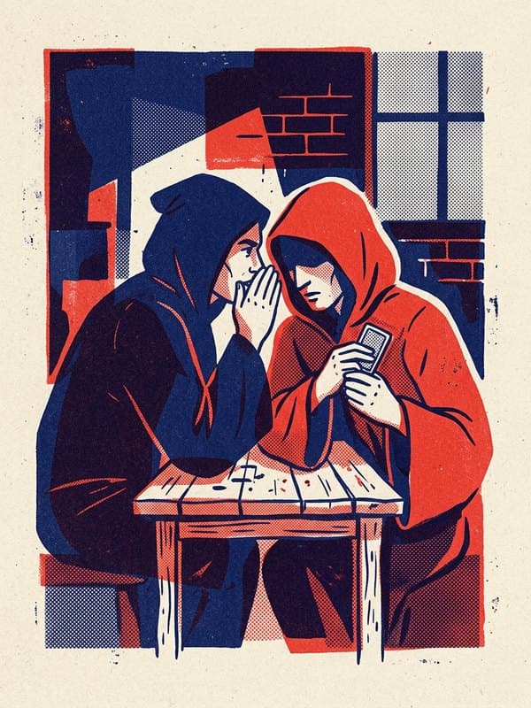 Riso drawing: two hooded people whispering over a code sheet