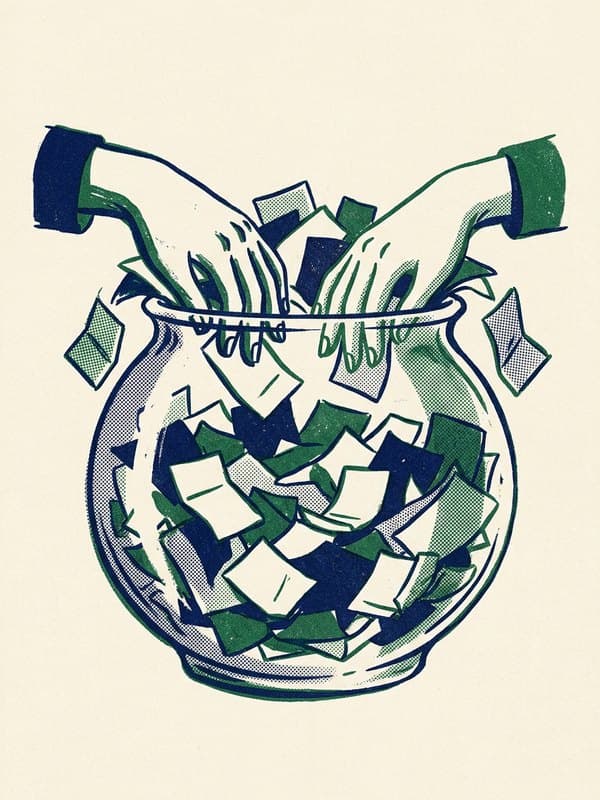 Riso drawing: two hands reaching into a glass fishbowl full of paper slips