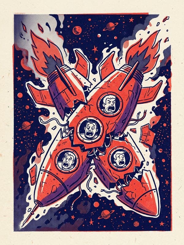 Riso drawing: a spacecraft control panel surrounded by flames