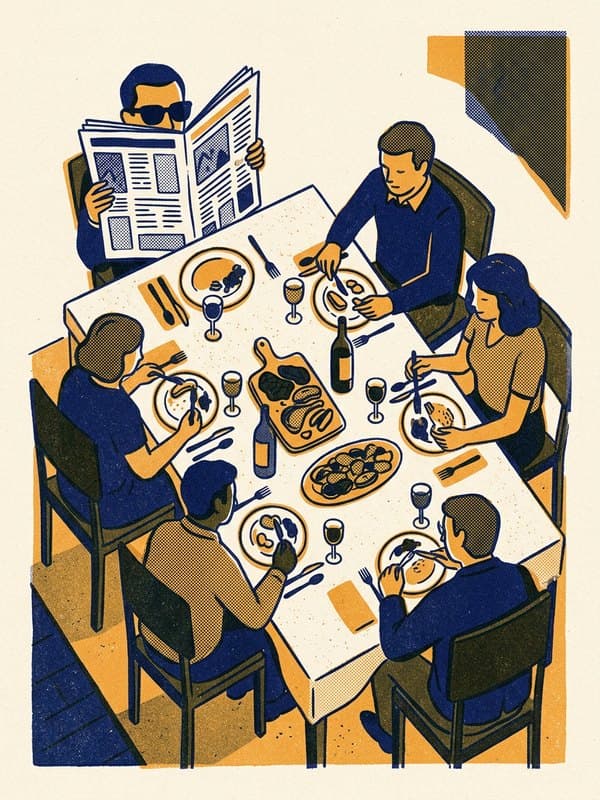 Riso drawing: people around a dinner table with a newspaper reader
