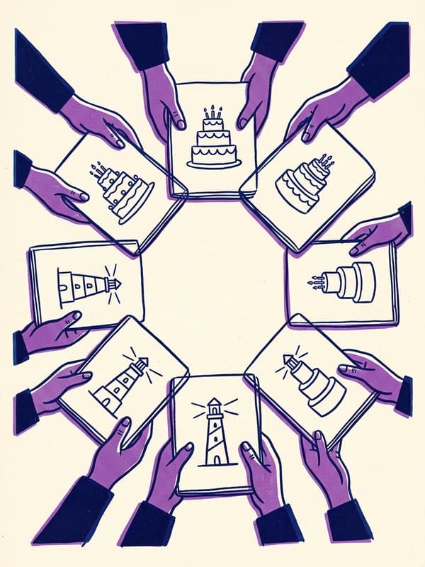 Riso drawing: hands drawing in notebooks around a table