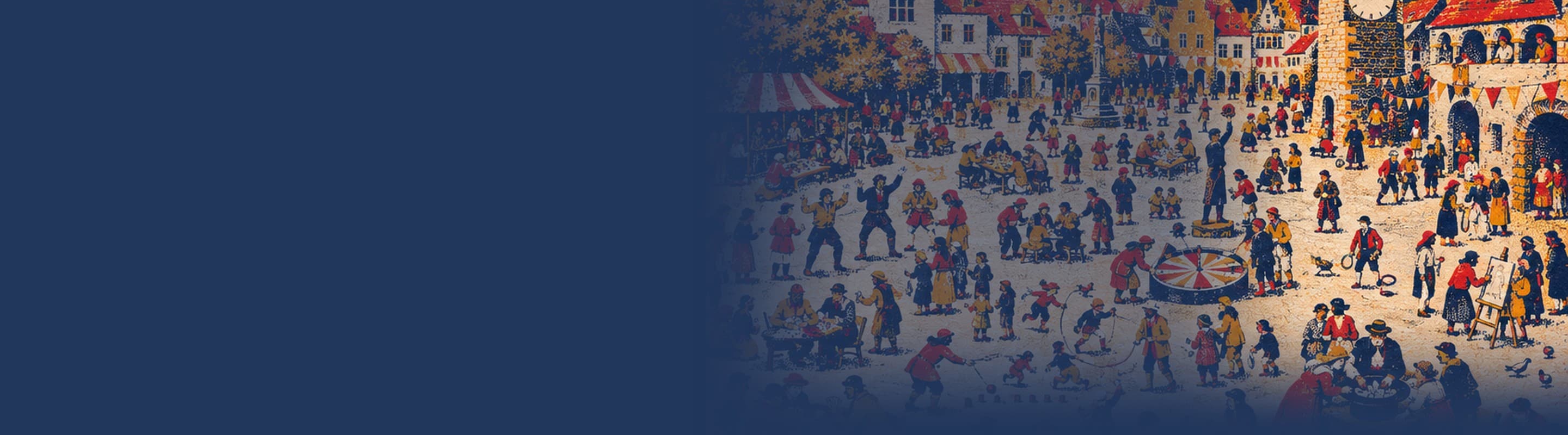 Riso drawing of people playing games in a village square beneath a clocktower