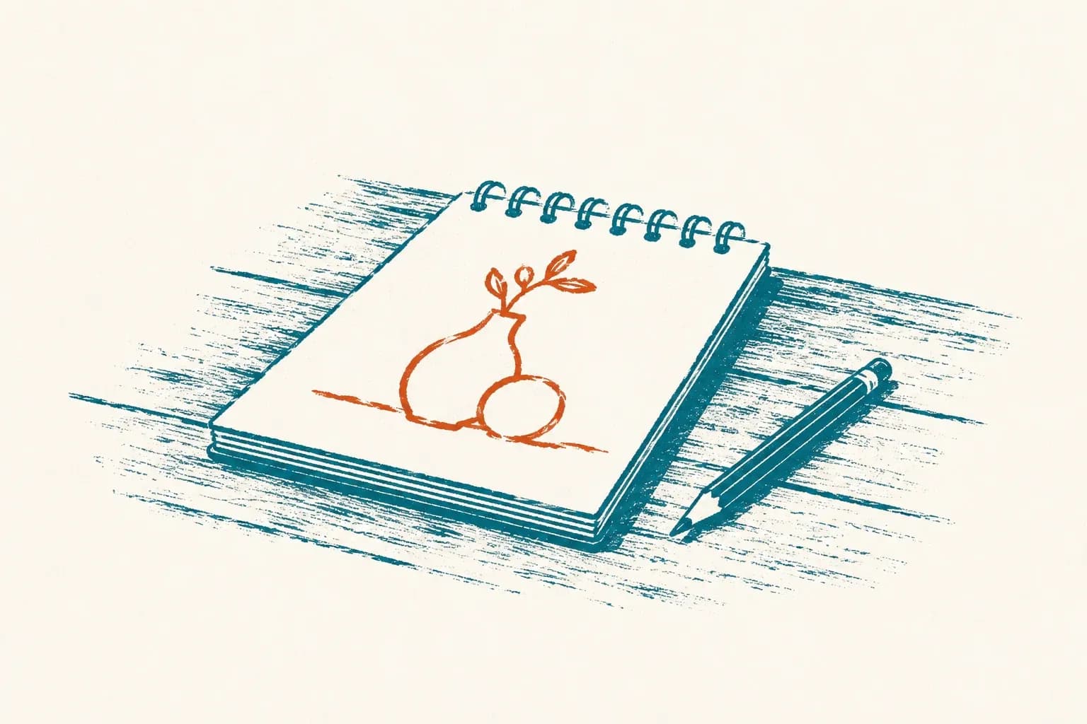 A screenprint of an open spiral sketchpad with a small drawing on the page in rust, a pencil resting beside it.