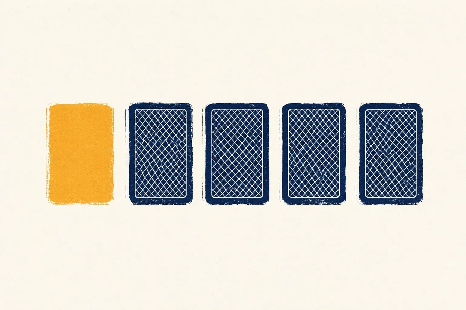 A screenprint of five cards in a row, the first turned face up in amber, the rest face down.