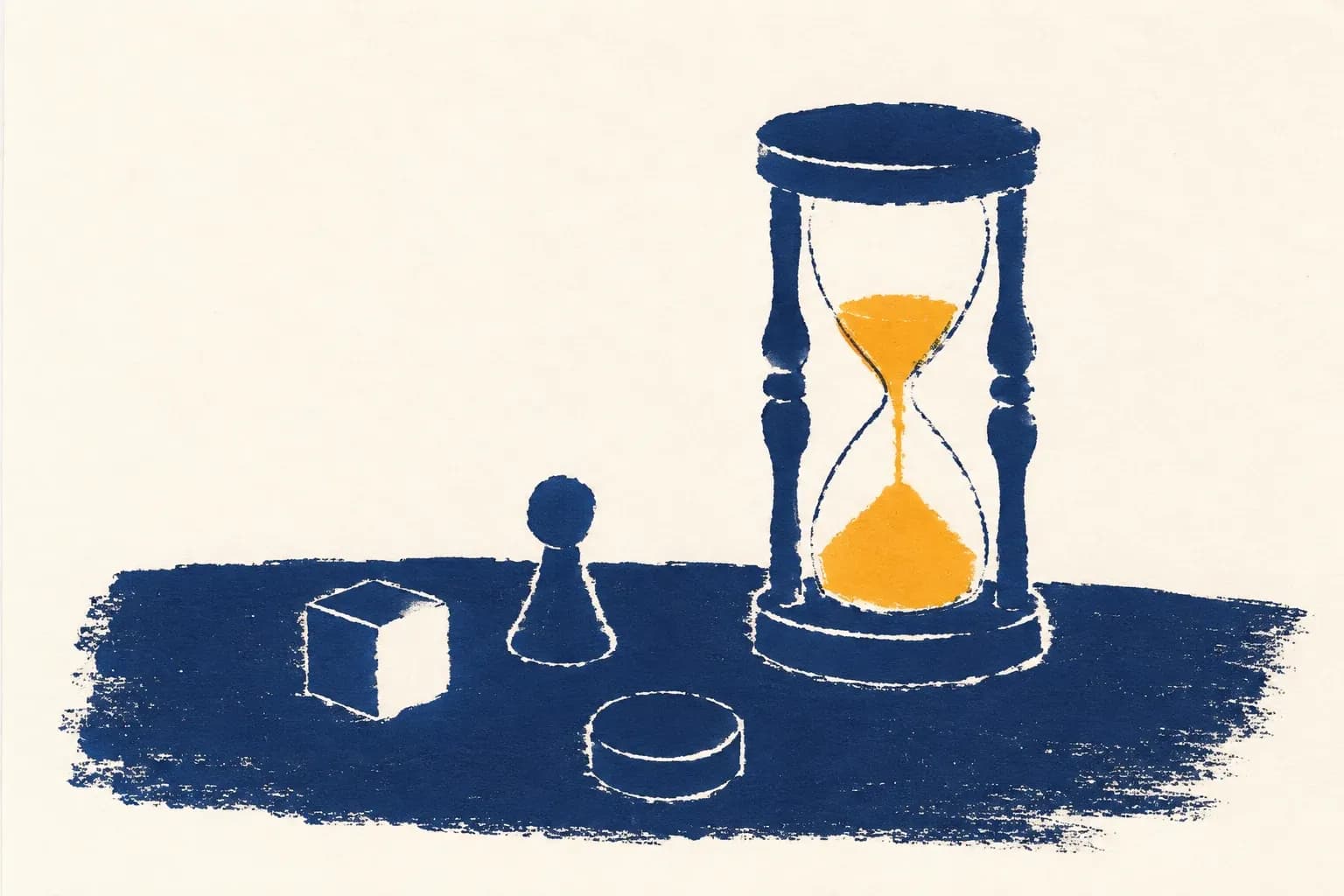 A screenprint of an hourglass with amber sand beside a few scattered game pieces.
