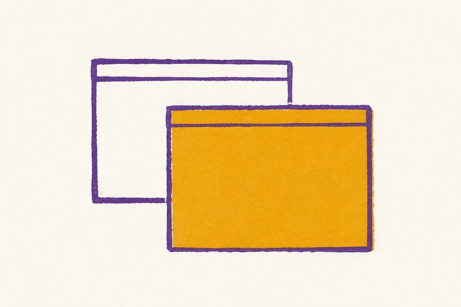 A screenprint of two empty browser windows, one behind the other, the front one filled with gold.