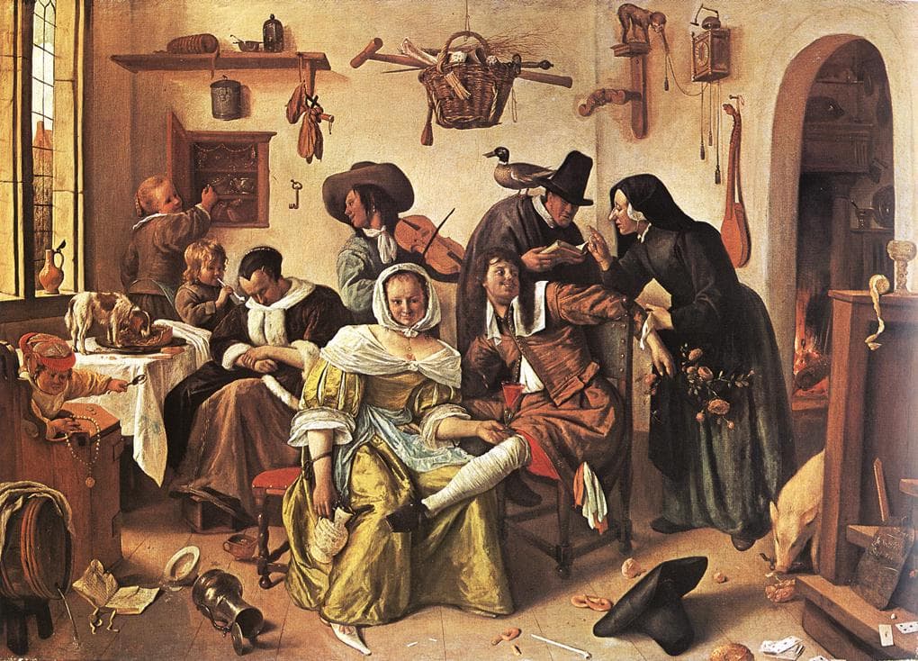 A household in total chaos: a sleeping host, a pig in the doorway, children and guests running riot