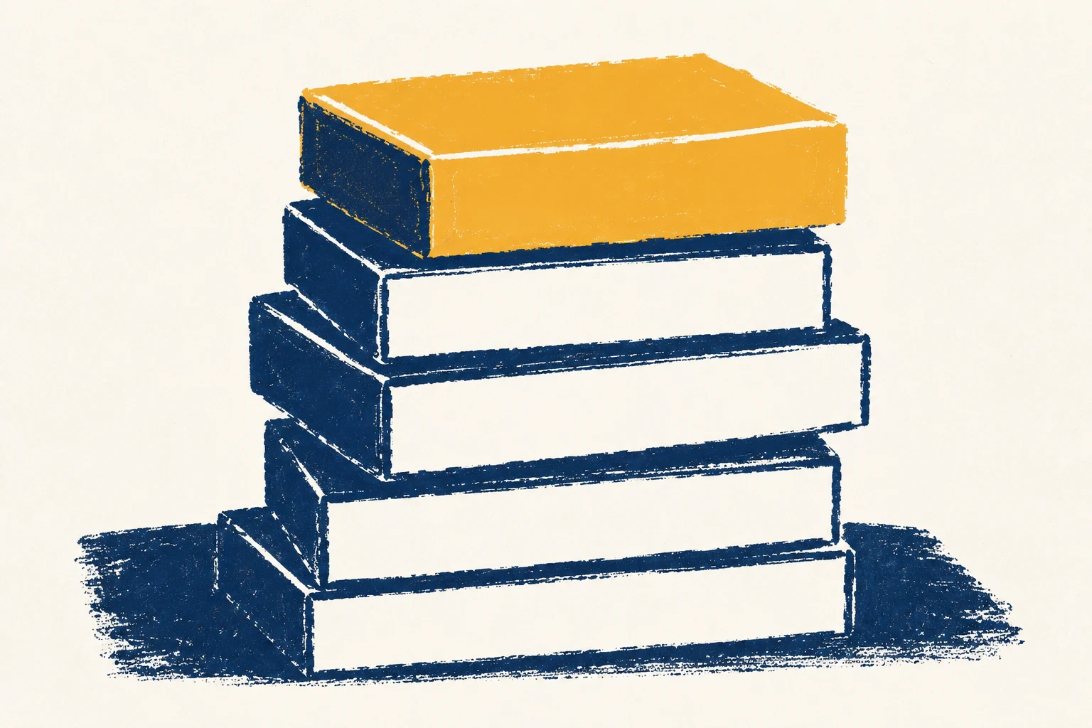 A screenprint of five game boxes stacked largest to smallest, the one on top printed in amber.