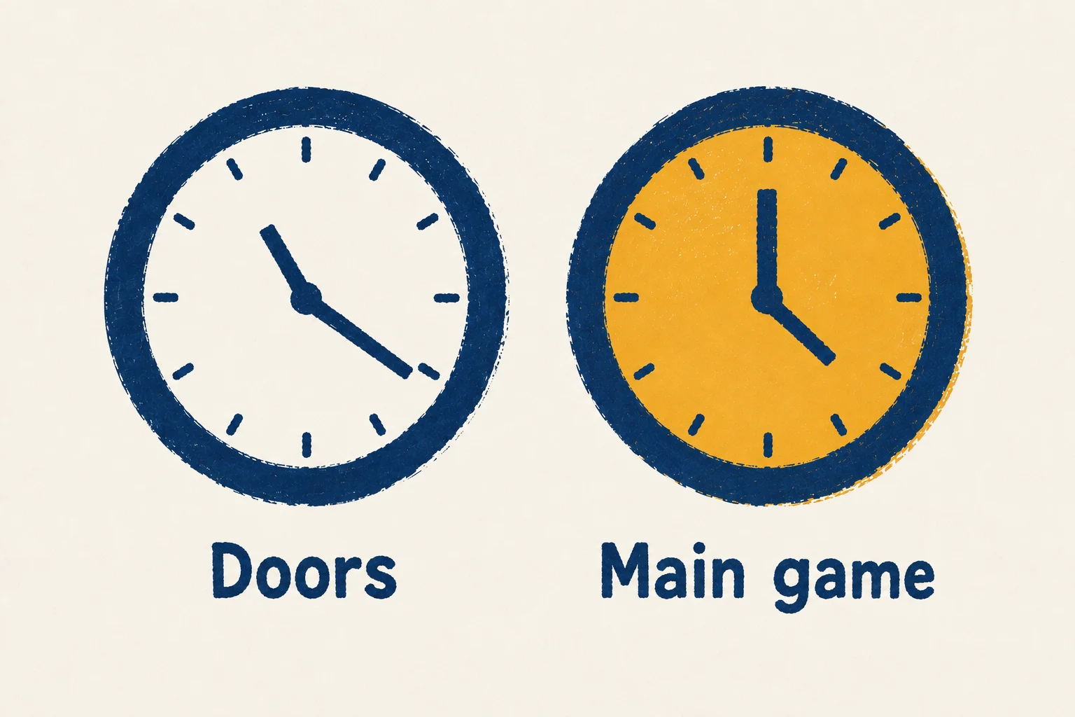 A screenprint of two wall clocks side by side showing different times, the left one labelled Doors and the right one, with an amber face, labelled Main game.