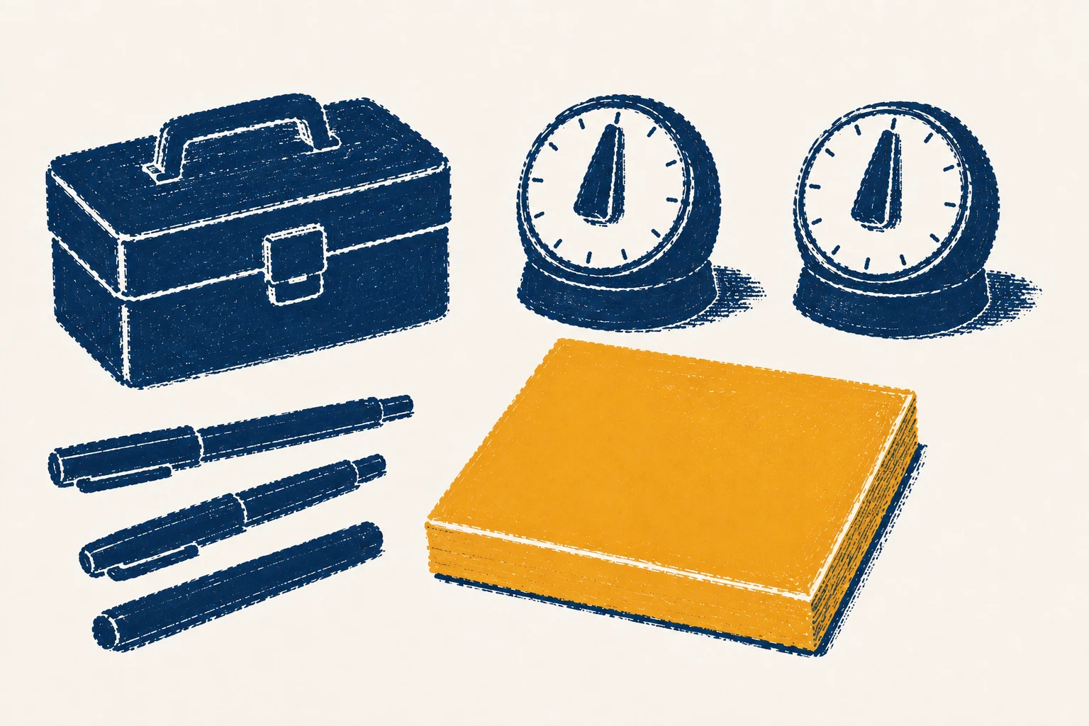 A screenprint of a closed toolbox, two wind-up kitchen timers, four pens and a thick stack of amber paper.