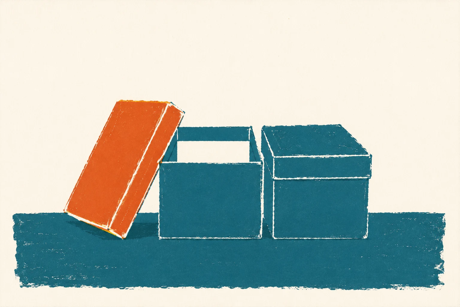 A screenprint of two closed game boxes side by side on a table, the lid of the left one propped against it in rust.