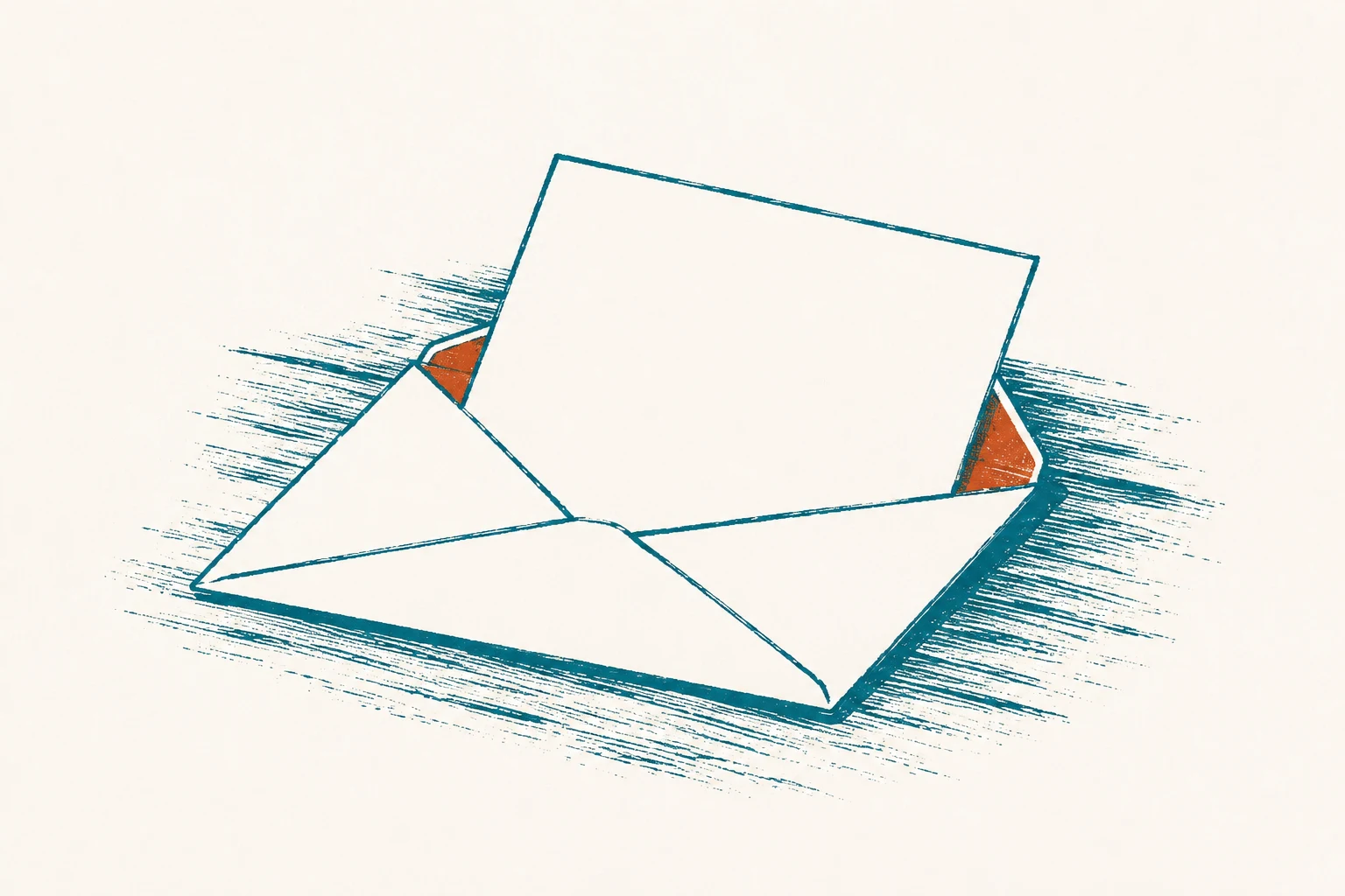 A screenprint of an open envelope lying on a table with a blank folded card half pulled out of it.