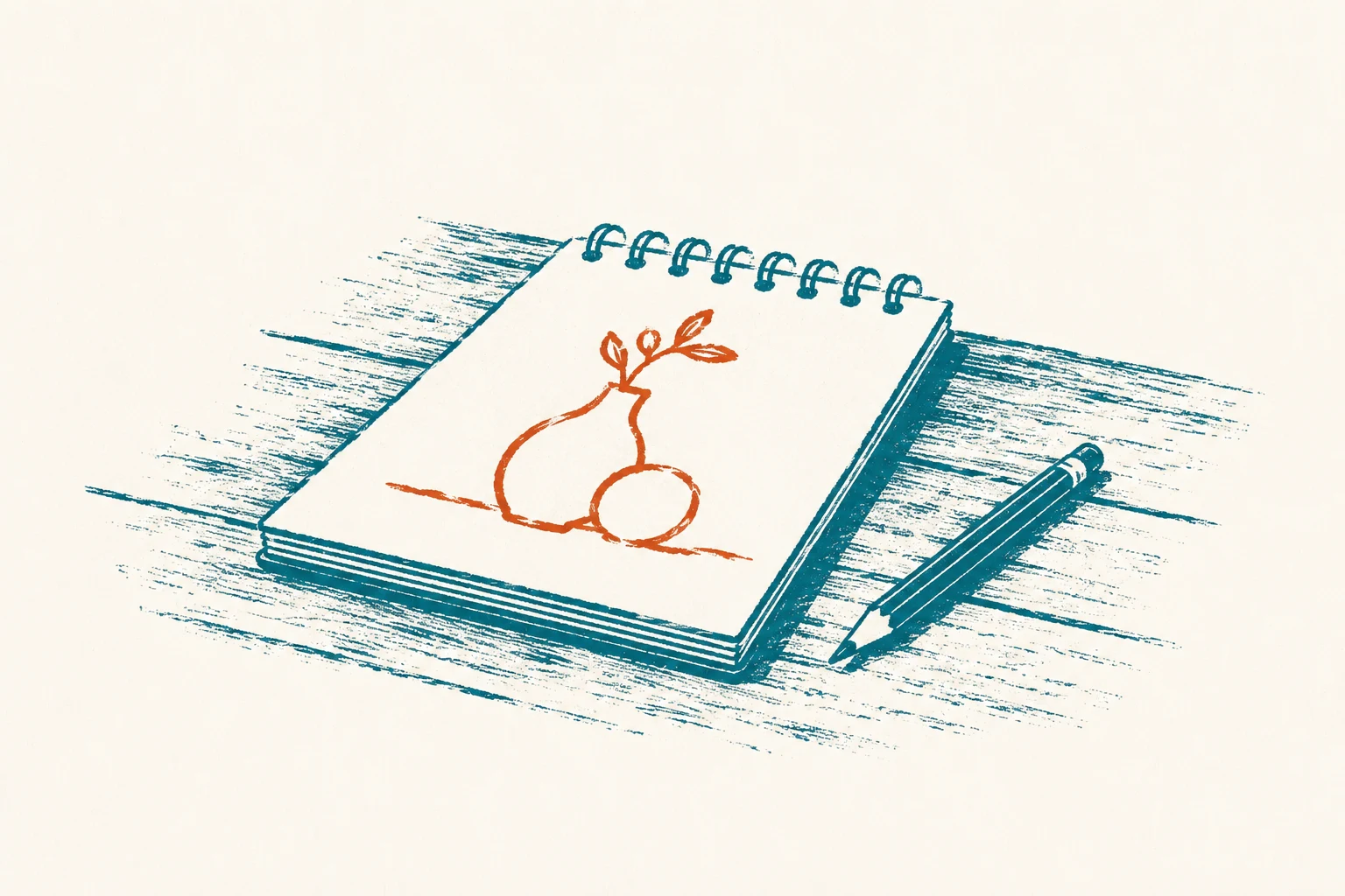 A screenprint of an open spiral sketchpad with a small drawing on the page in rust, a pencil resting beside it.