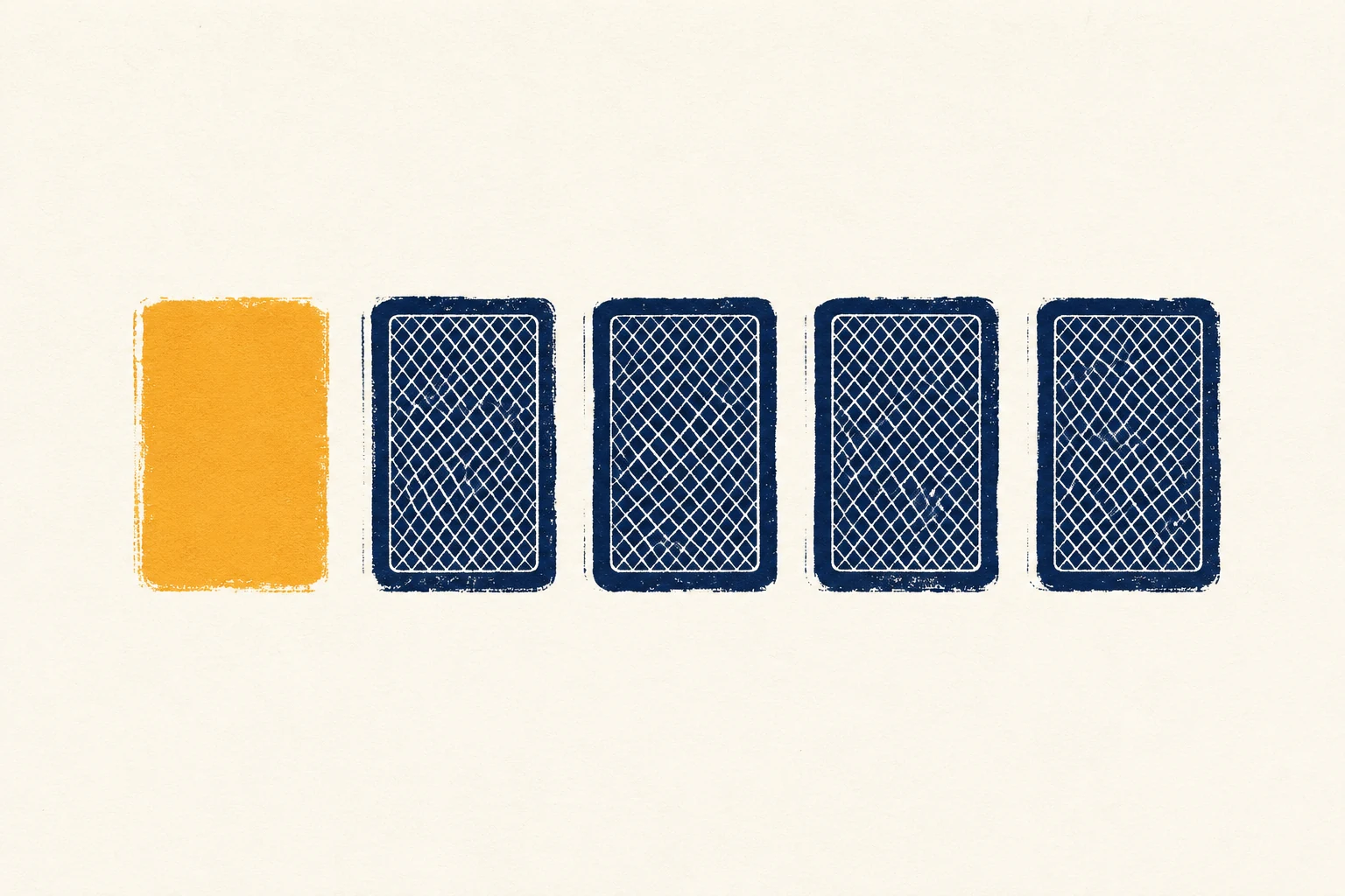 A screenprint of five cards in a row, the first turned face up in amber, the rest face down.
