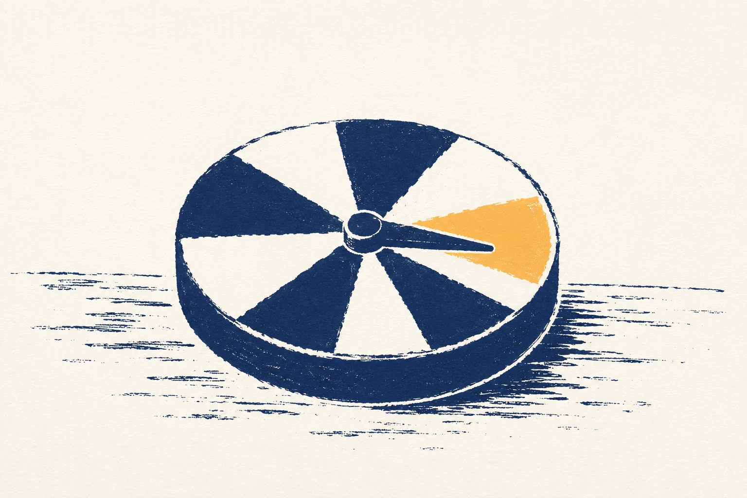 A screenprint of a round game dial with its needle pointing at a single amber wedge.
