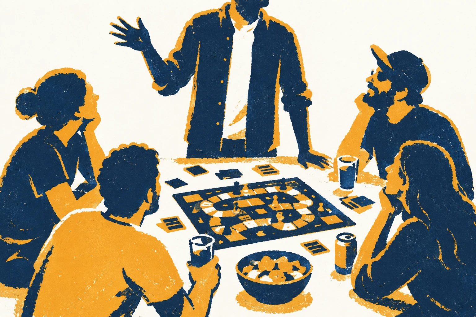 A screenprint of five friends around a table, one standing with a hand raised mid-explanation while the others watch over a board game, drinks and snacks.