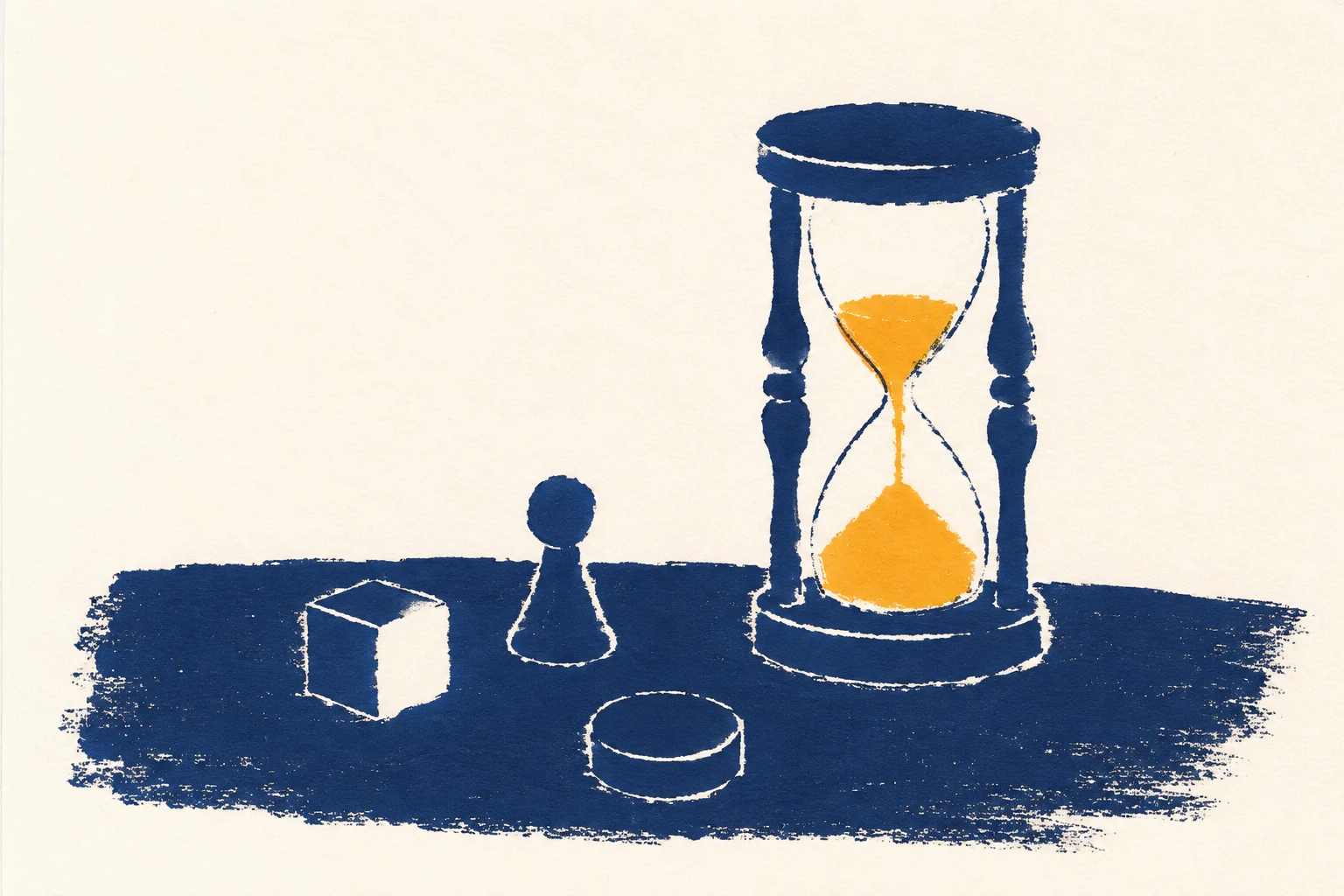 A screenprint of an hourglass with amber sand beside a few scattered game pieces.