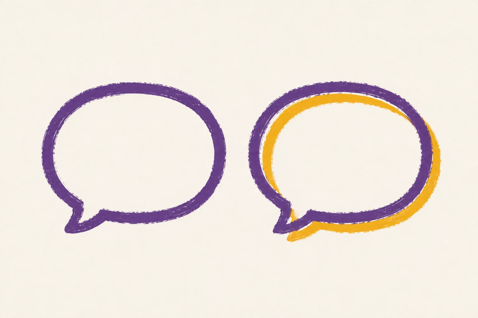 A screenprint of two empty speech bubbles side by side, the right one printed out of alignment with its own outline.