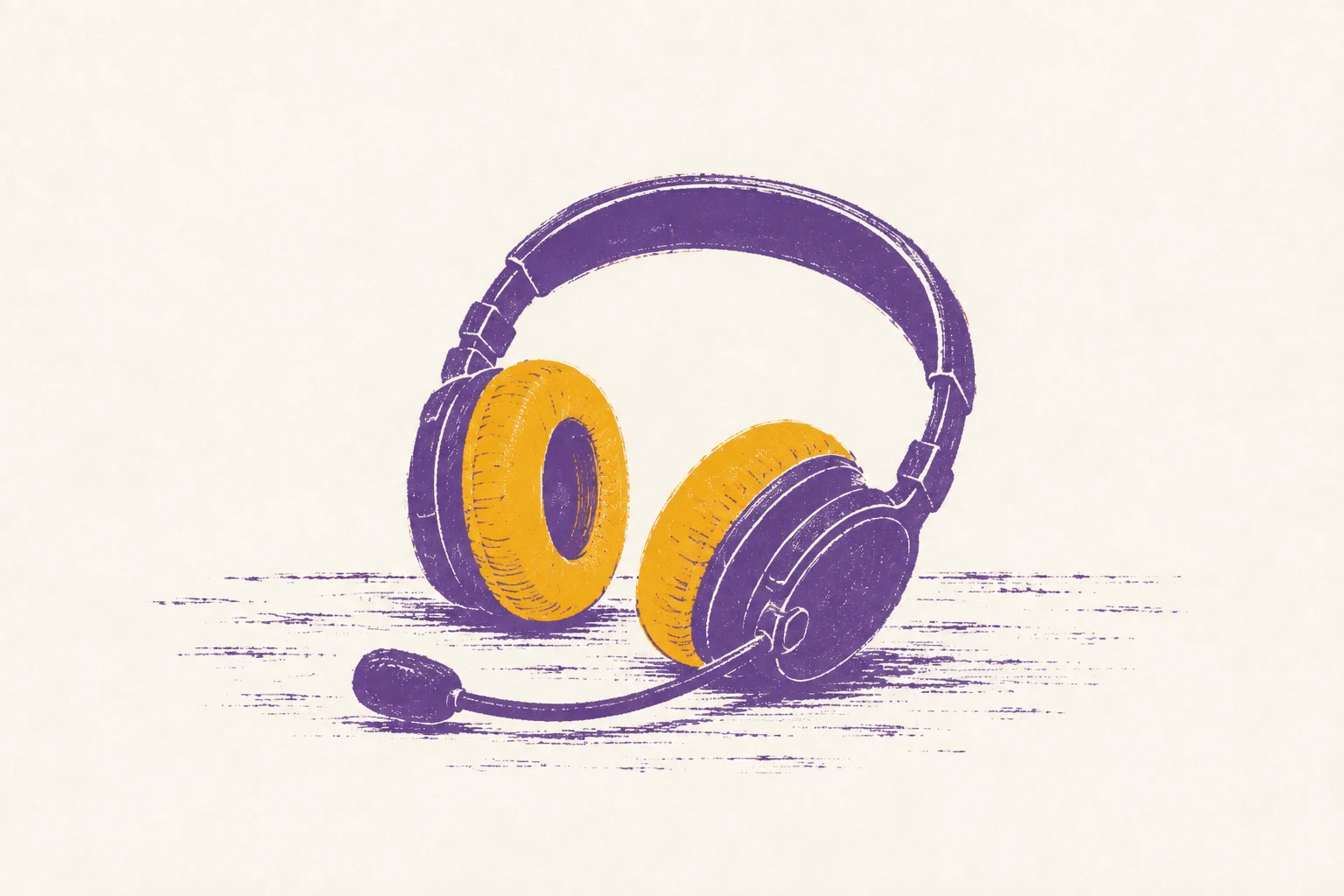 A screenprint of a pair of over-ear headphones with a boom microphone, the ear cushions printed in gold.