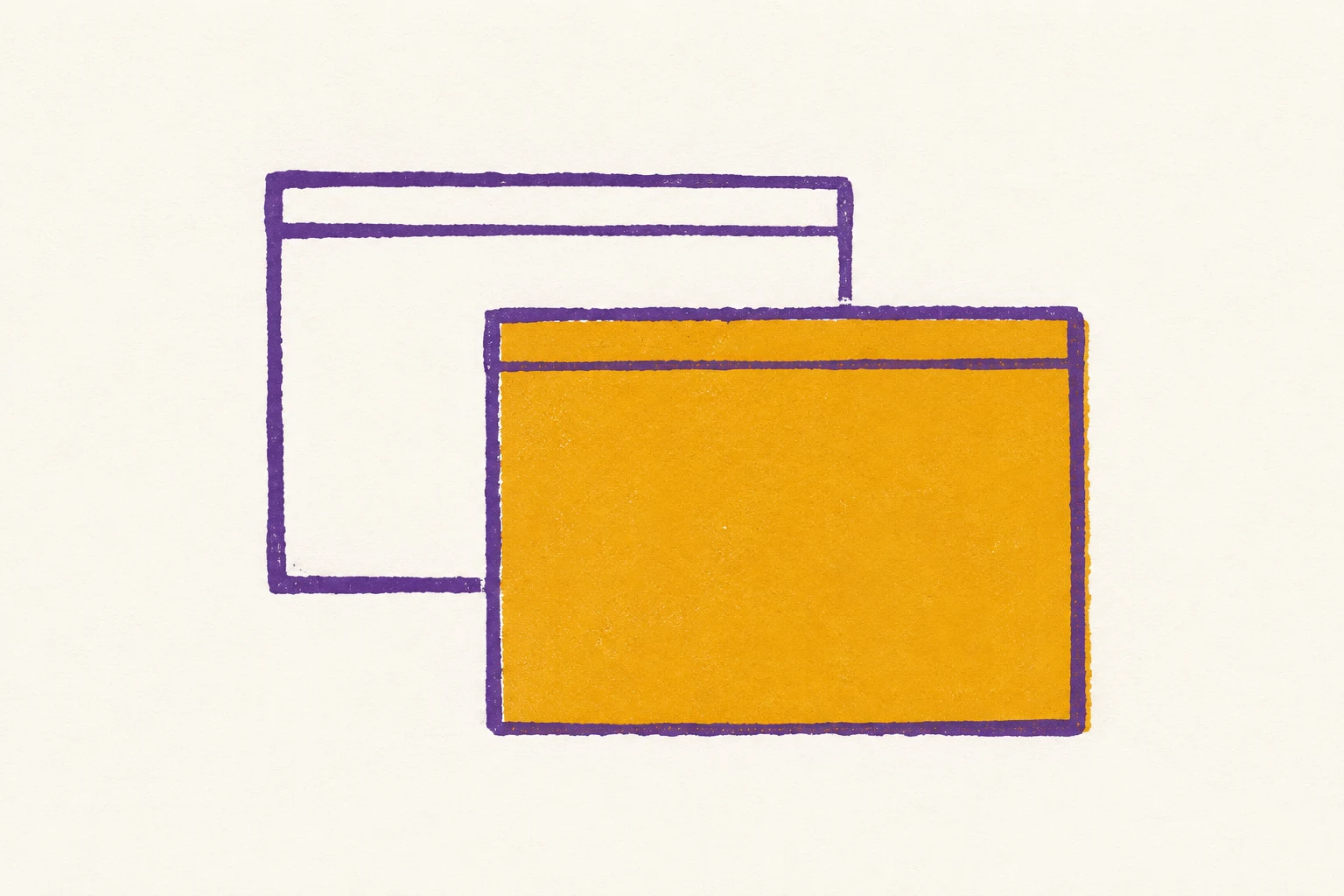 A screenprint of two empty browser windows, one behind the other, the front one filled with gold.